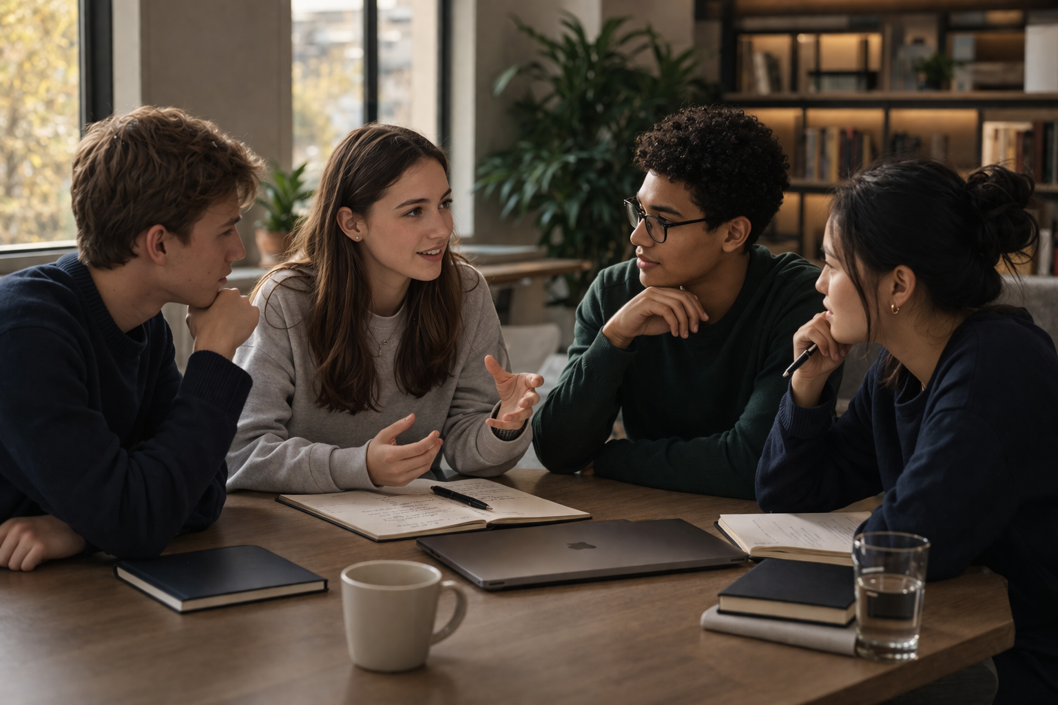 Students collaborating in a focused discussion